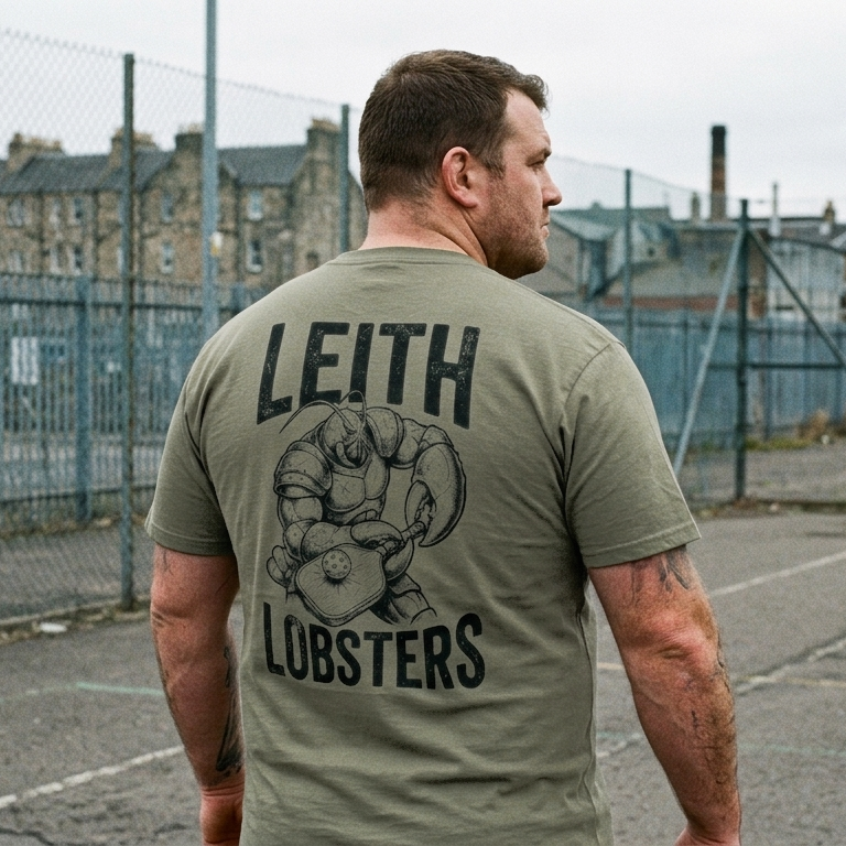 Man standing on an outdoor court wearing a light olive graphic tee. Back print reads "Leith Lobsters" above and below a muscular lobster illustration holding a pickleball paddle. Stone tenements and chain-link fencing in the background.