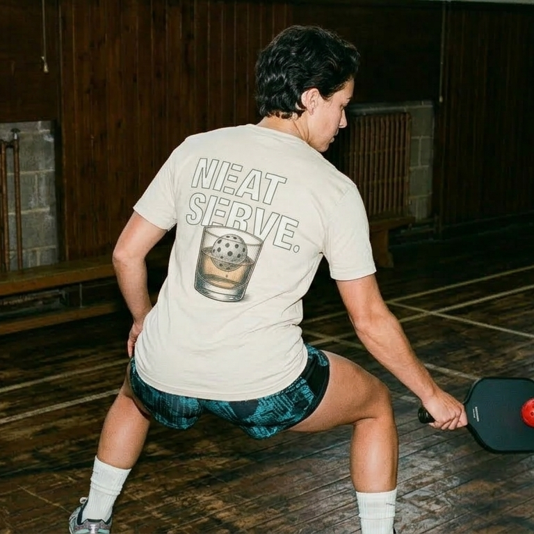Back view of a player mid-lunge on a worn wooden indoor court, right arm extended holding a dark pickleball paddle mid-rally. They wear a natural raw cream t-shirt featuring a large back print: bold stacked lettering reading "NEAT SERVE." above a detailed illustration of a whisky tumbler with a pickleball sitting in the glass as an ice sphere. Teal patterned shorts, white crew socks, and court trainers complete the look.