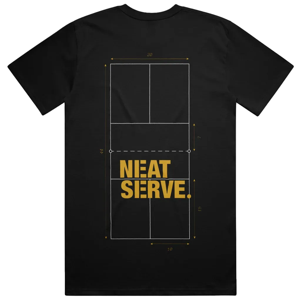 Back view of Neat Serve Court Blueprint tee in Sport Black with pickleball court diagram in white lines and Mustard Gold dimensions, Neat Serve logo overlaid in Mustard Gold
