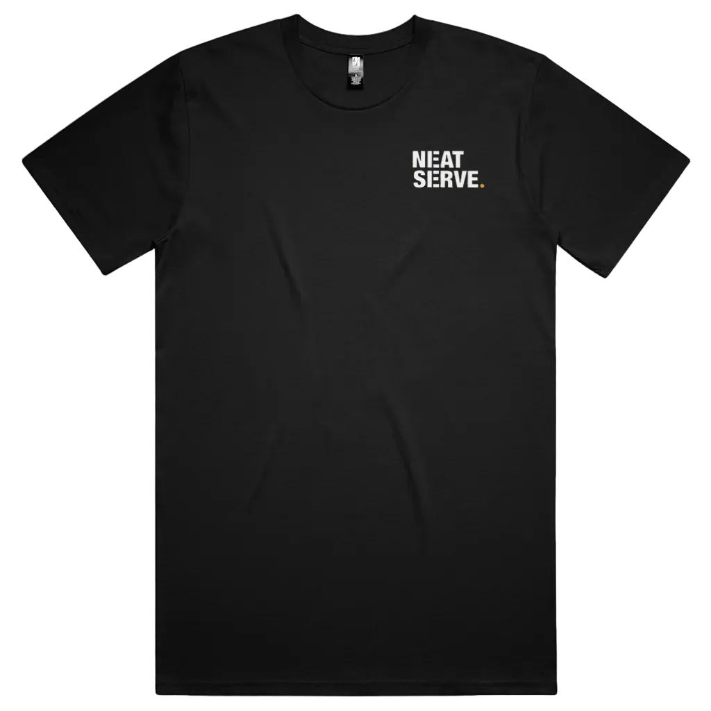 Front view of Neat Serve Court Blueprint tee in Sport Black with left-chest Neat Serve logo in white with Mustard Gold full stop