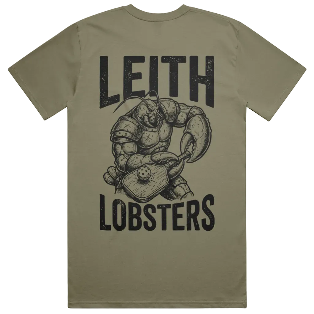 Back view of Leith Lobsters club tee in olive with oversized mascot graphic of a lobster wielding a pickleball paddle