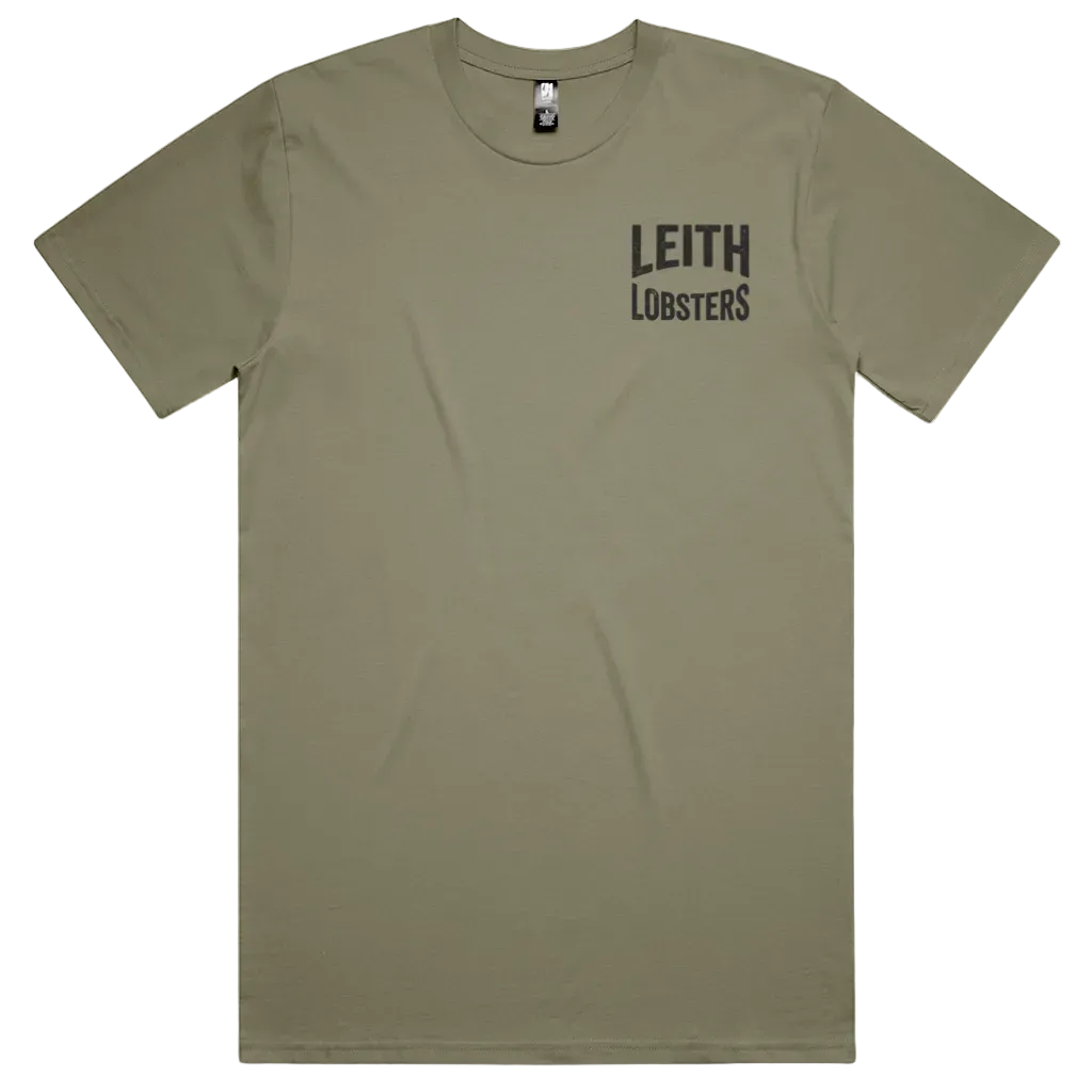 Front view of Leith Lobsters club tee in olive with left-chest Leith Lobsters text logo