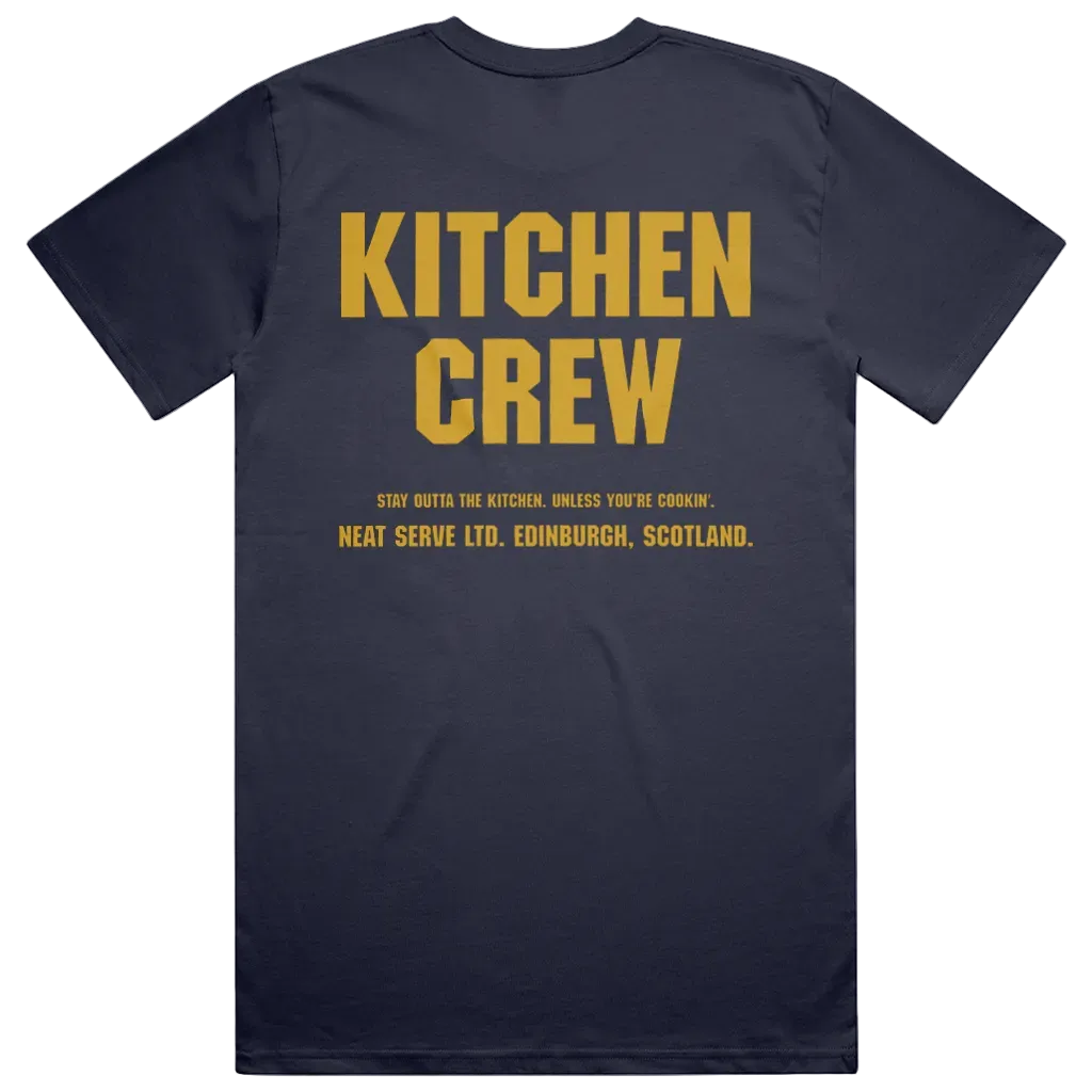 Back view of Kitchen Crew tee in Midnight Navy with oversized Kitchen Crew text in Mustard Gold and slogan "Stay Outta The Kitchen. Unless You're Cookin'."
