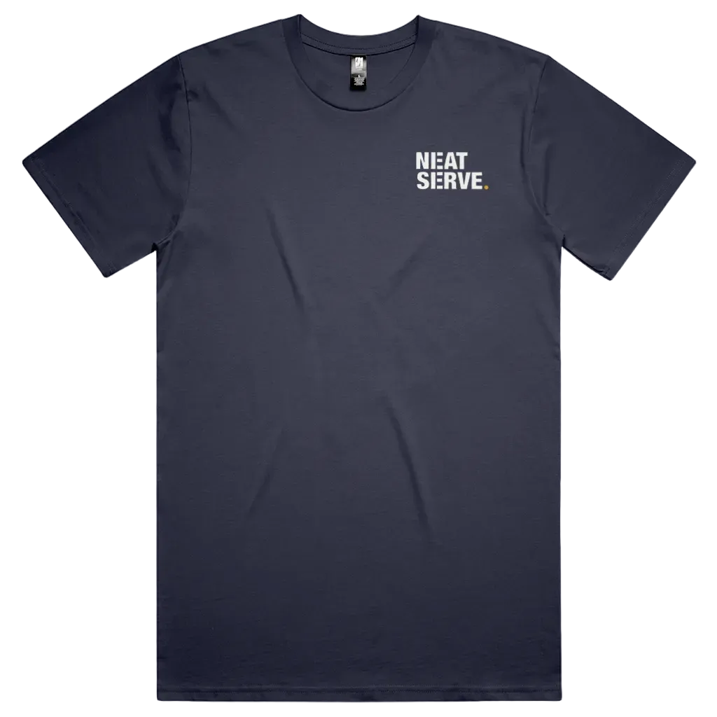 Front view of Kitchen Crew tee in Midnight Navy with left-chest Neat Serve logo in white with Mustard Gold full stop