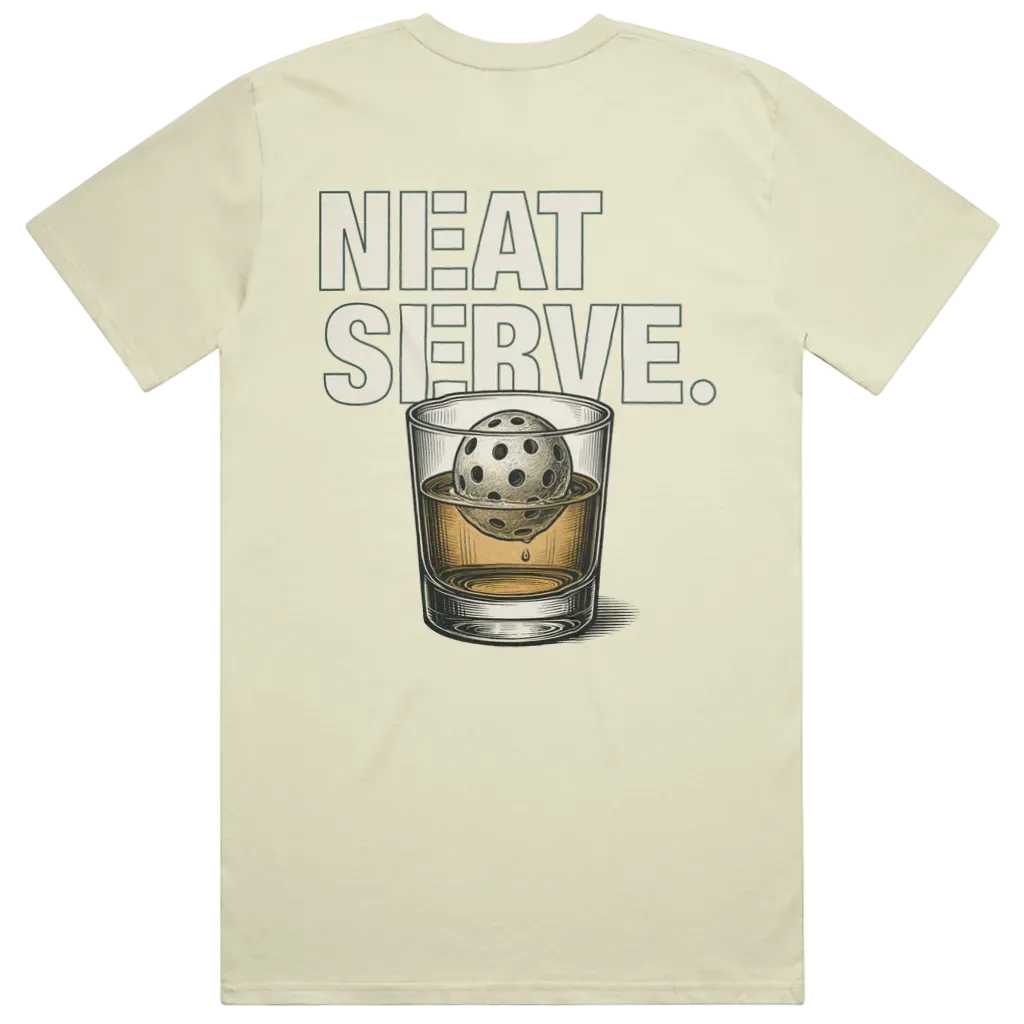 Back view of Neat Serve Pickleback Original tee in raw white with oversized Neat Serve logo and pickleball-in-whisky-glass illustration