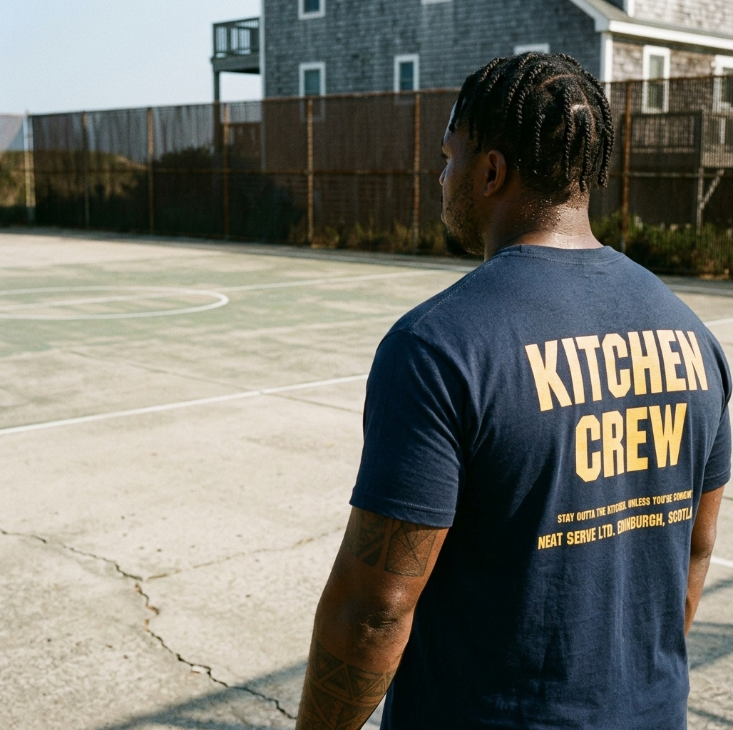 Back view of a tattooed man with braided hair standing at the edge of a sun-bleached concrete outdoor court, gazing across the playing surface. He wears a navy heavyweight t-shirt with a bold mustard gold back print: large stacked block lettering reading "KITCHEN CREW," followed by a smaller line — "Stay outta the kitchen unless you're cookin'" — and the brand identifier "Neat Serve Ltd. Edinburgh, Scotland."