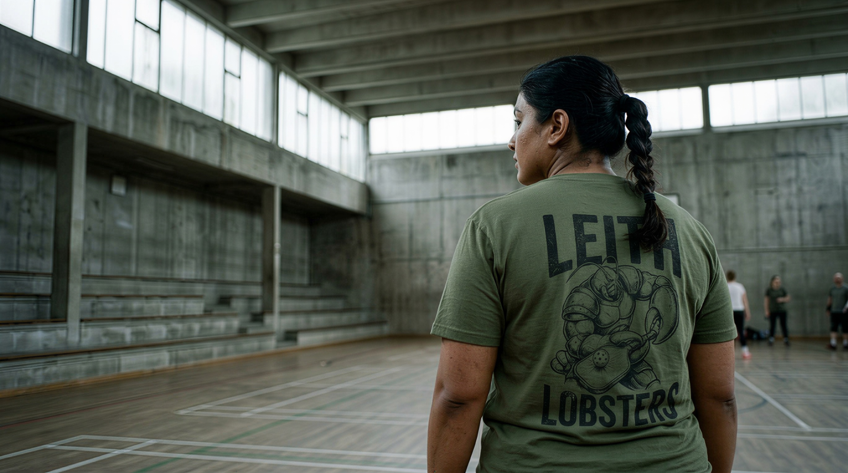 Back view of a woman with dark braided hair wearing an olive green t-shirt. The back print reads "Leith Lobsters" in bold block lettering above an illustrated lobster clutching a pickleball paddle. She stands in a large, brutalist-style indoor sports hall with concrete walls, industrial windows, and a wooden court floor. Other players are visible out of focus in the background. The image is slightly grainy with high contrast — natural, editorial, and authentic in tone.